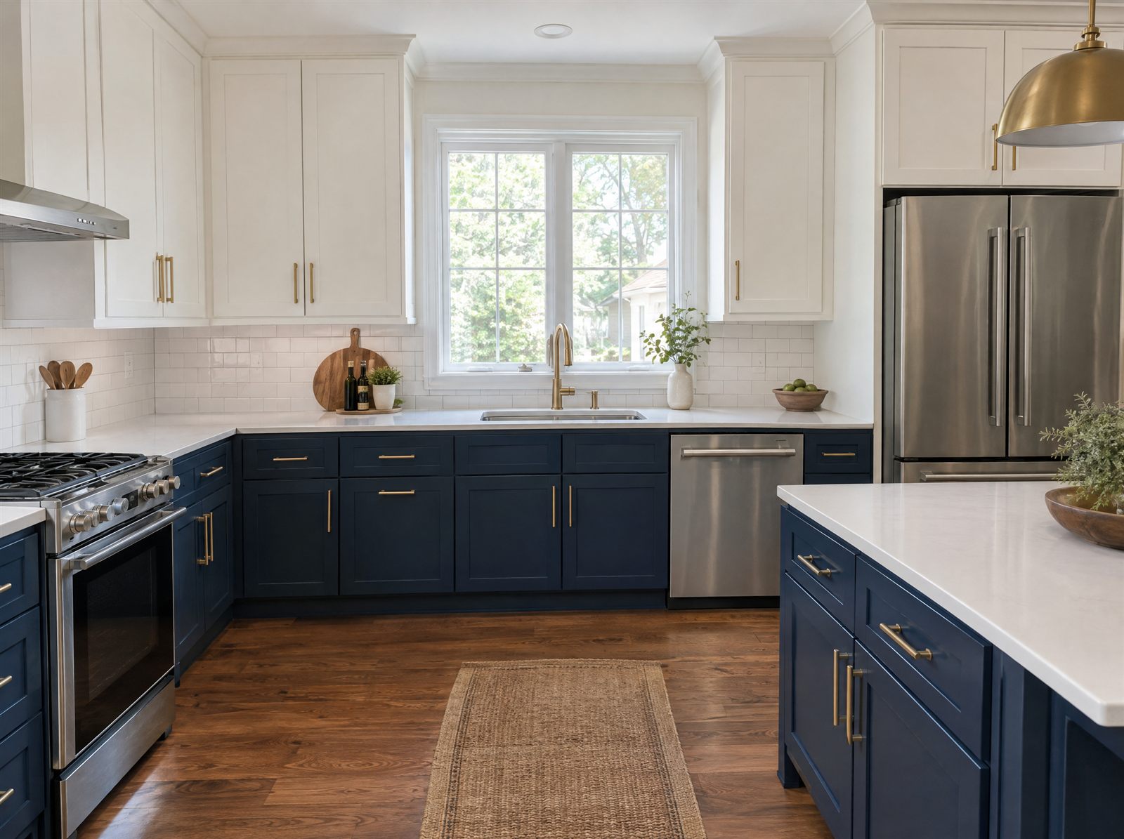 Kitchen with navy and white painted cabinets