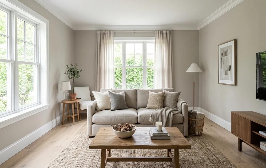Living room with soft greige walls and white trim